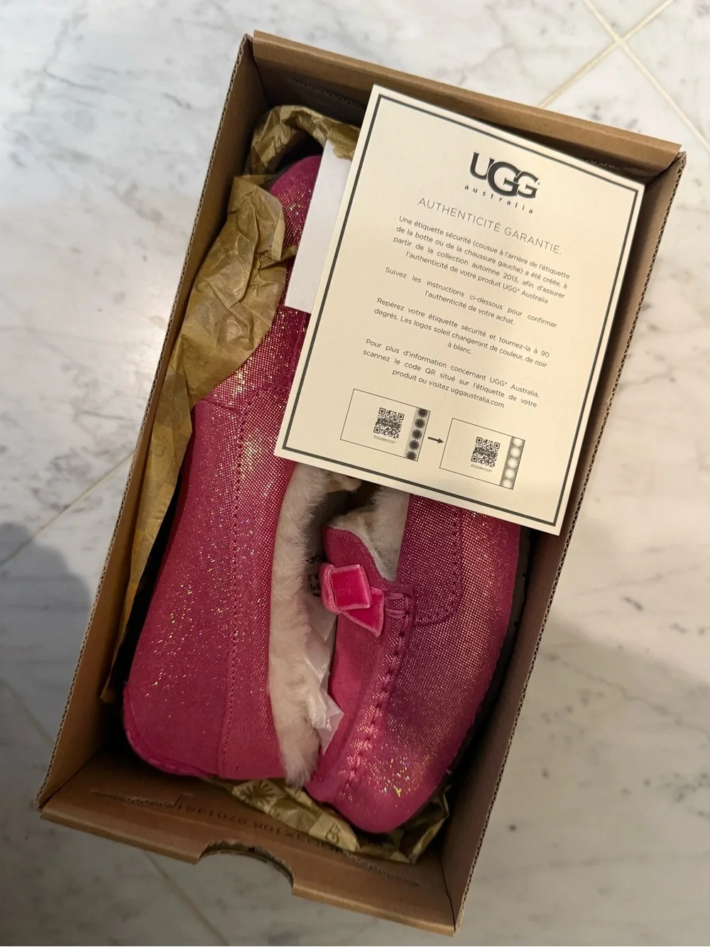 UGG Kids Hot Pink Glitter Bow Moccasin Slippers